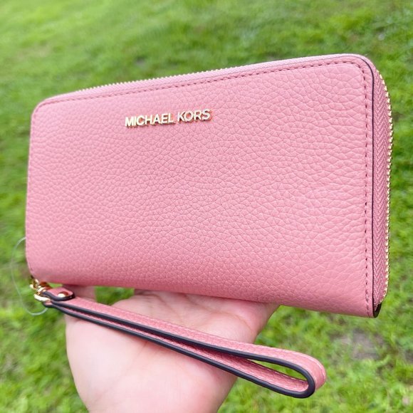 Michael Kors Jet Set Travel Large Flat Phone Wristlet Leather Sunset Rose Pink - Picture 4 of 4